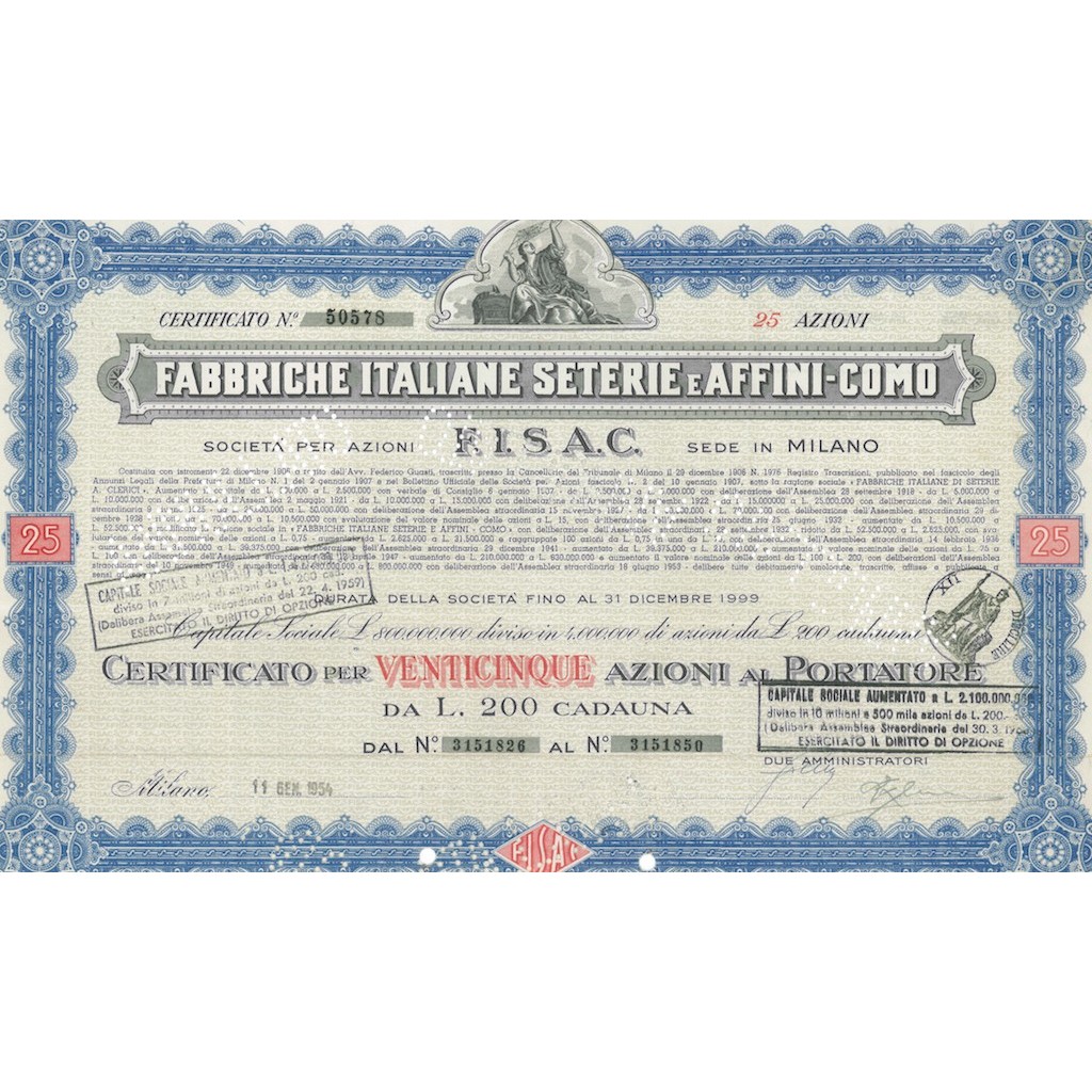 FABBRICHE ITALIANE SETERIE E AFFINI-COMO S.P.A - 25 AZIONI MILANO 1954