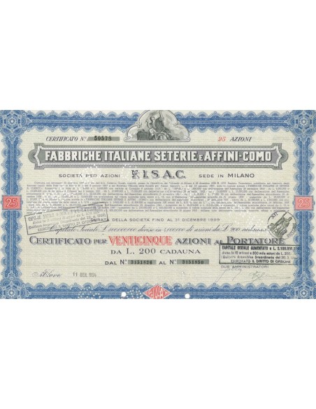 FABBRICHE ITALIANE SETERIE E AFFINI-COMO S.P.A - 25 AZIONI MILANO 1954
