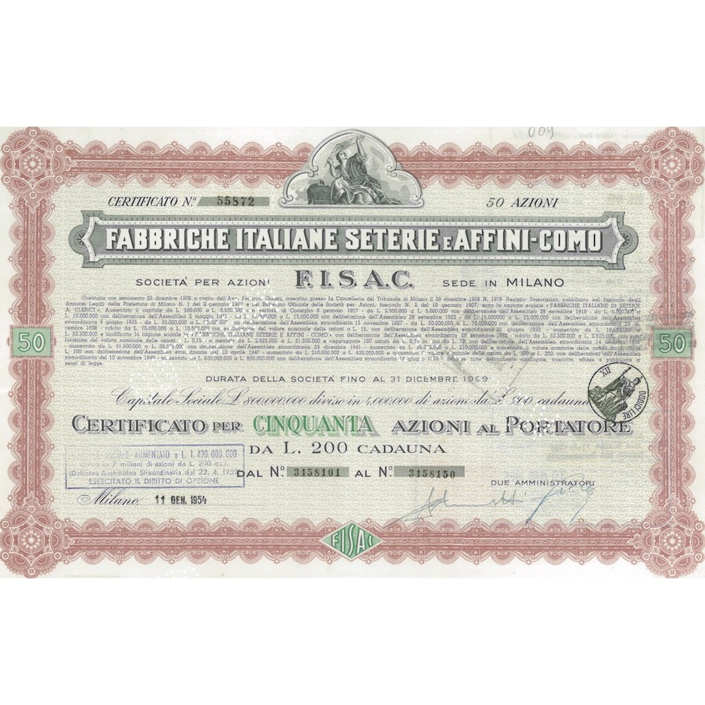 FABBRICHE ITALIANE SETERIE E AFFINI-COMO S.P.A - 50 AZIONI MILANO 1950