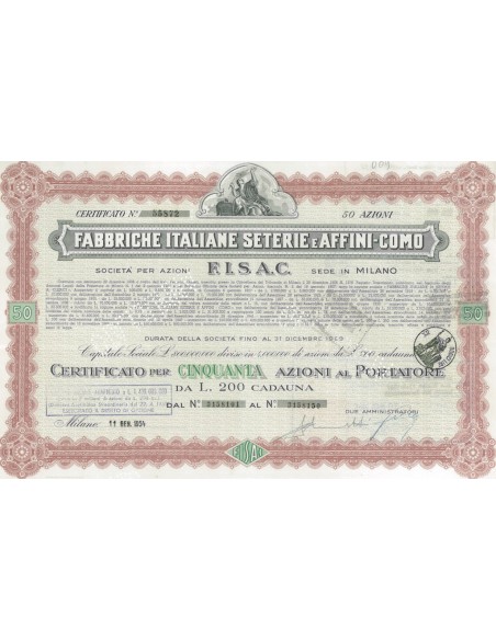FABBRICHE ITALIANE SETERIE E AFFINI-COMO S.P.A - 50 AZIONI MILANO 1950