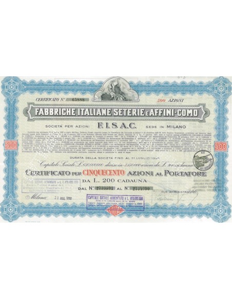 FABBRICHE ITALIANE SETERIE E AFFINI-COMO S.P.A - 500 AZIONI MILANO 1950