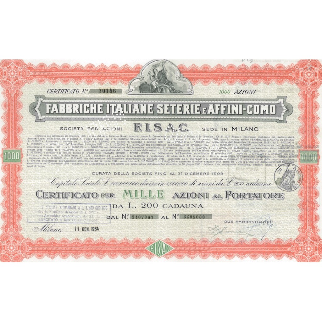FABBRICHE ITALIANE SETERIE E AFFINI-COMO S.P.A 1000 AZIONI 1954