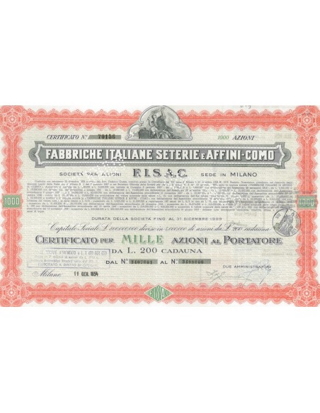 FABBRICHE ITALIANE SETERIE E AFFINI-COMO S.P.A 1000 AZIONI 1954