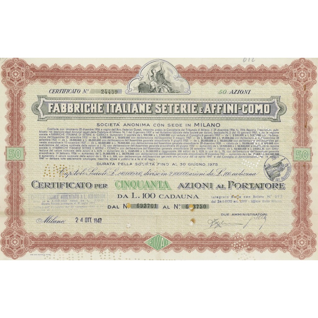 FABBRICHE ITALIANE SETERIE E AFFINI-COMO S.P.A - 50 AZIONI MILANO 1947