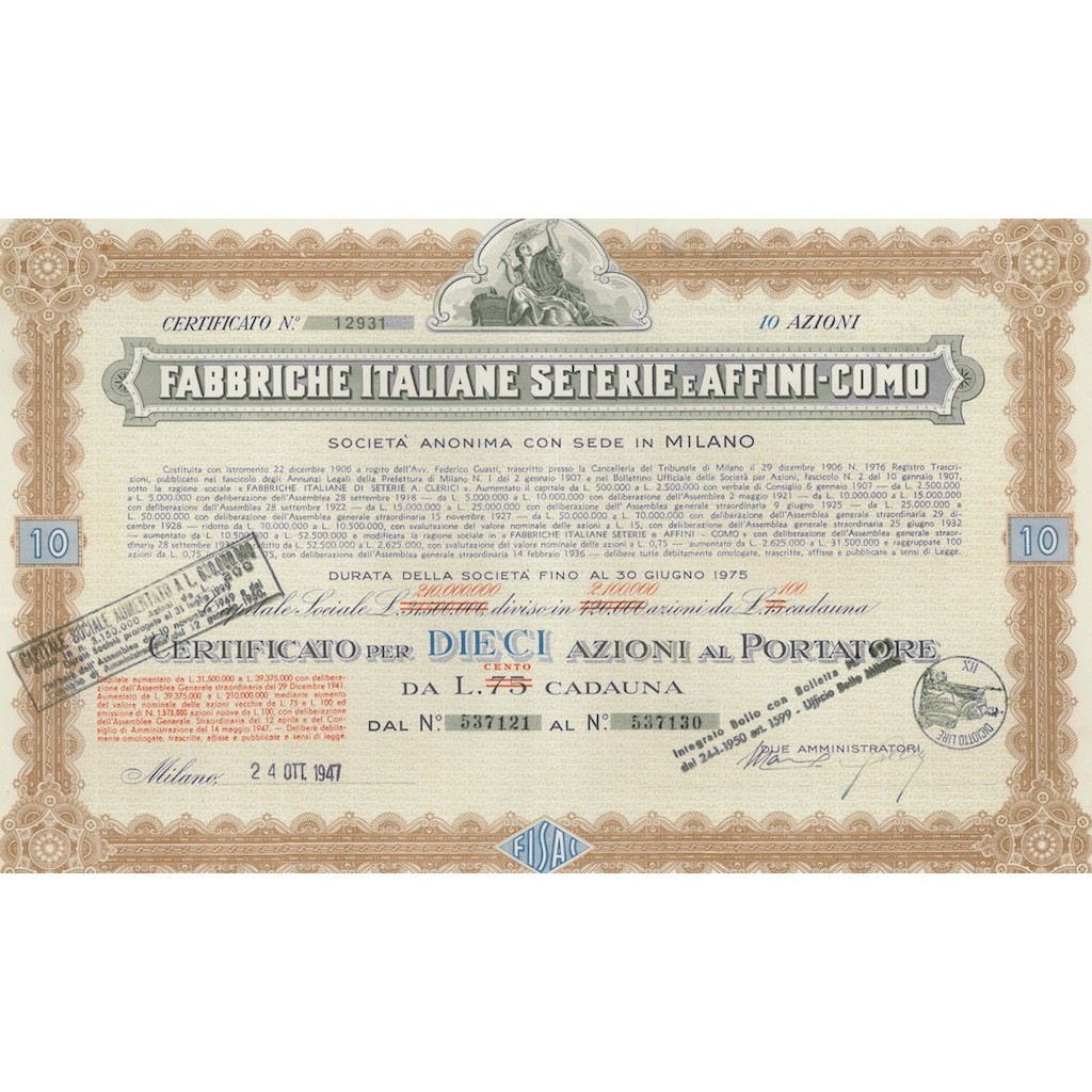 FABBRICHE ITALIANE SETERIE E AFFINI-COMO S.P.A 10 AZIONI MILANO 1947