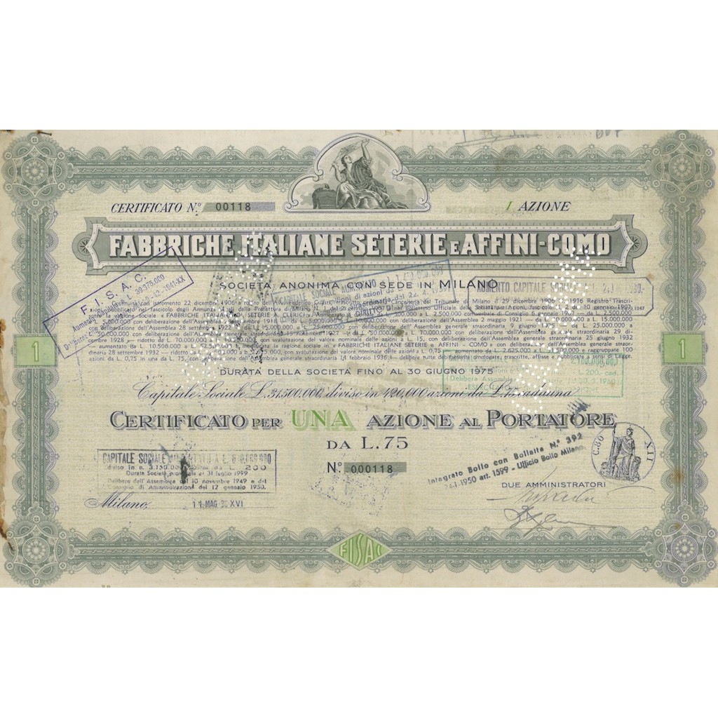 FABBRICHE ITALIANE SETERIE E AFFINI-COMO S.P.A 1 AZIONE MILANO 1935