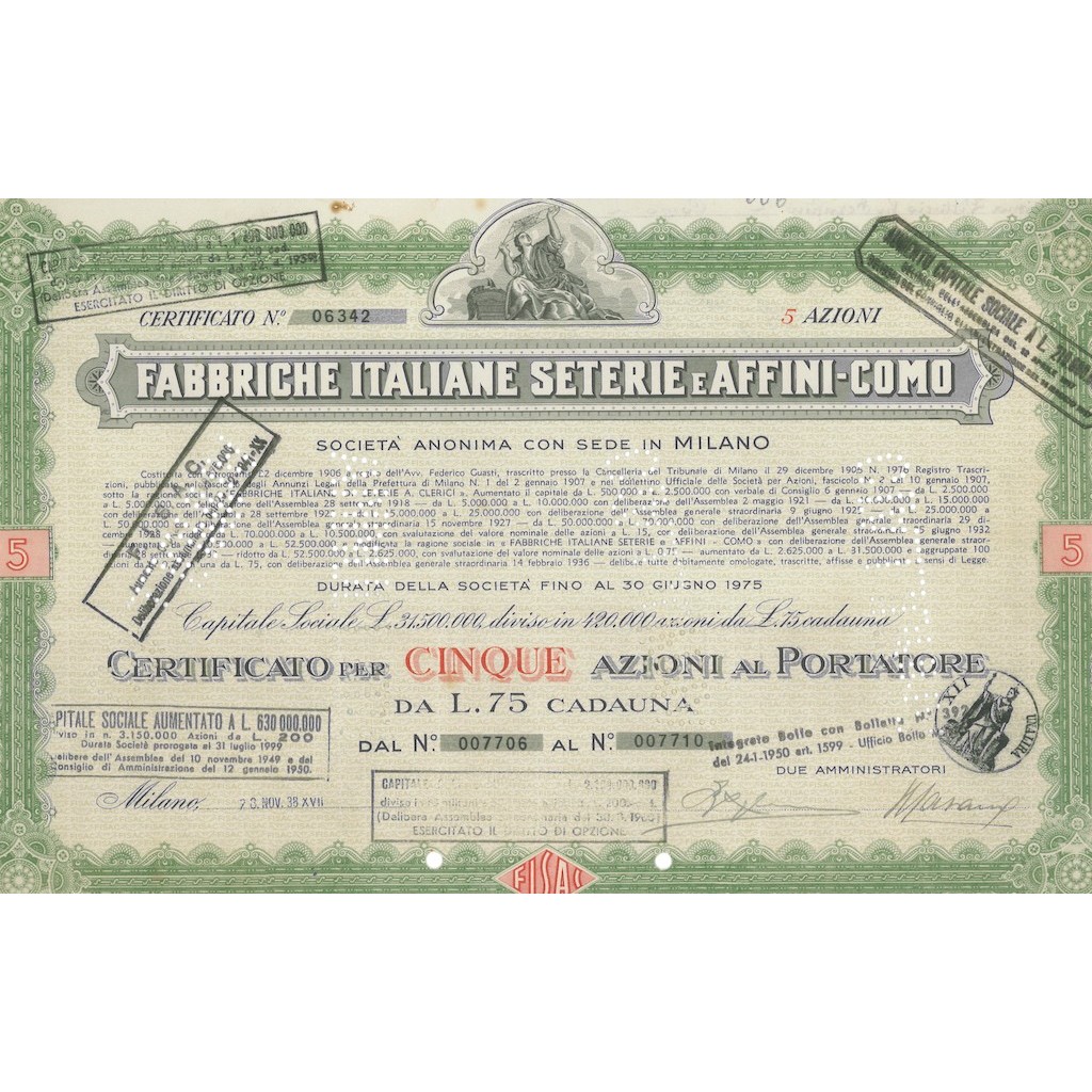 FABBRICHE ITALIANE SETERIE E AFFINI-COMO S.P.A - 5 AZIONI MILANO 1938