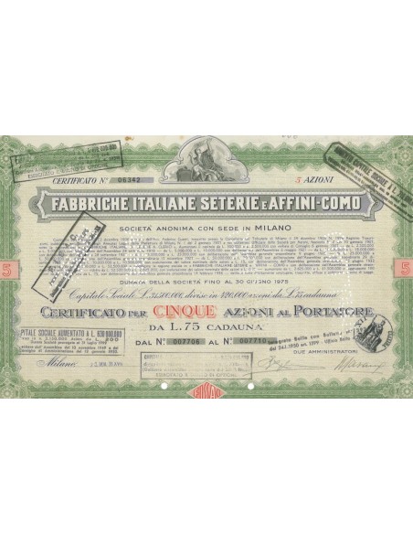 FABBRICHE ITALIANE SETERIE E AFFINI-COMO S.P.A - 5 AZIONI MILANO 1938