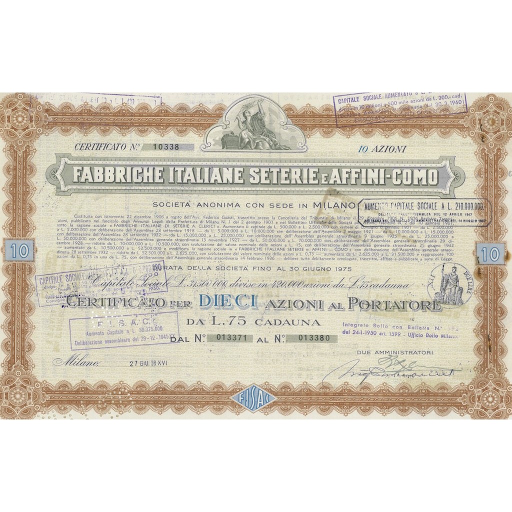FABBRICHE ITALIANE SETERIE E AFFINI-COMO S.P.A 10 AZIONI MILANO 1938