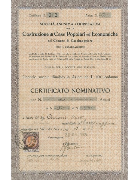 COSTRUZIONE DI CASE POPOLARI ED ECONOMICHE AZIONI CASALMAGGIORE 1924