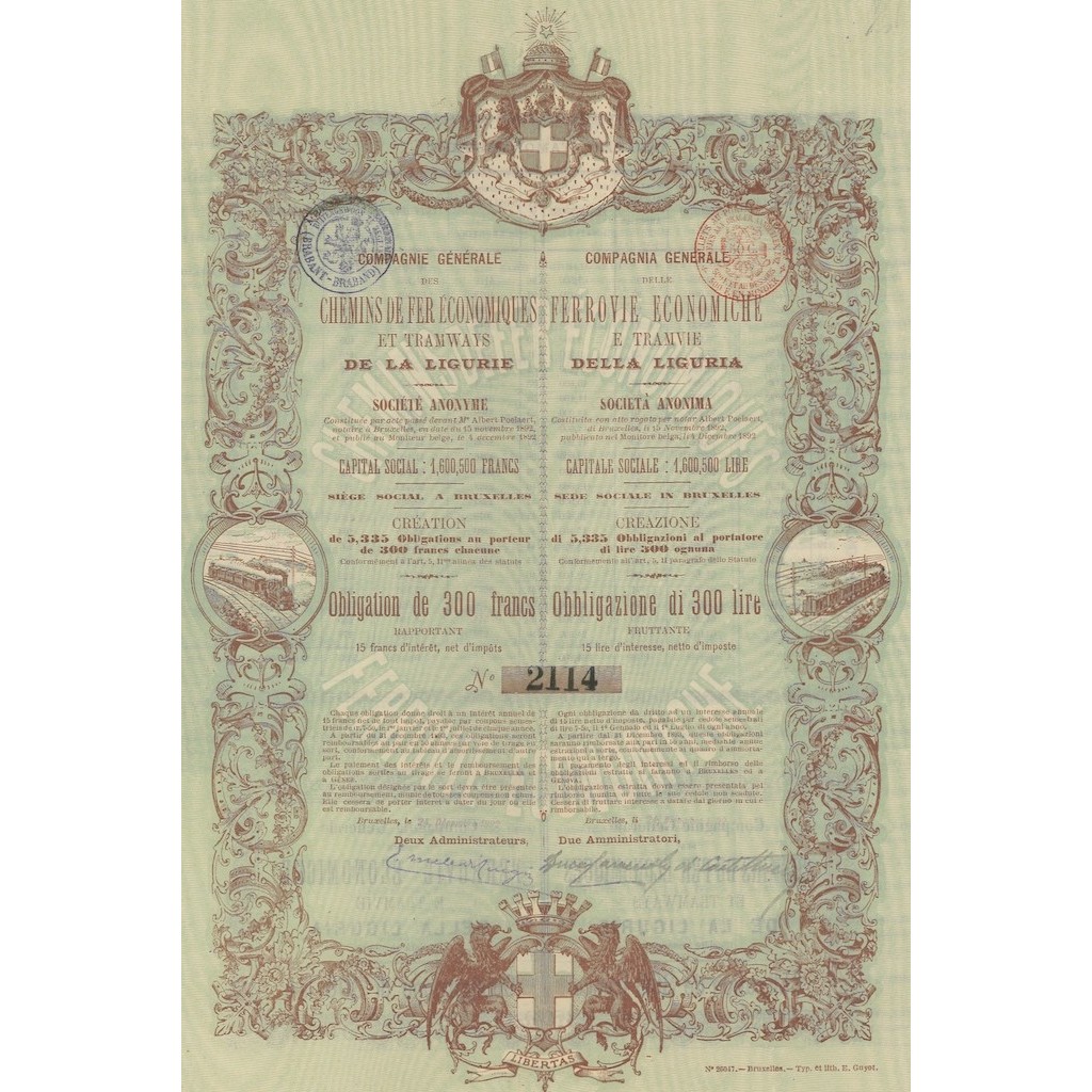 COMP. GEN. DELLE FERROVIE ECONOMICHE E TRAMVIE DELLA LIGURIA 1 OBB. BRUXELLES 1892