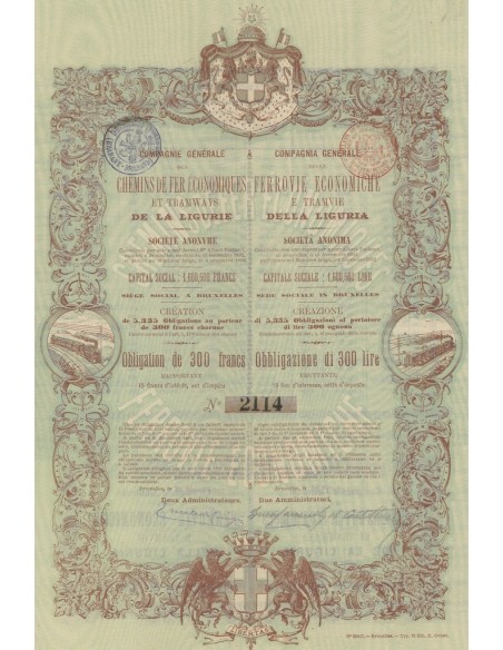 COMP. GEN. DELLE FERROVIE ECONOMICHE E TRAMVIE DELLA LIGURIA 1 OBB. BRUXELLES 1892