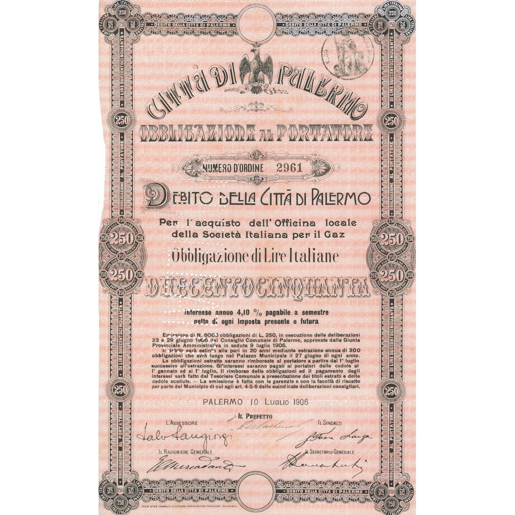 CITTA' DI PALERMO - 1 OBBLIGAZIONE AL PORTATORE - 1906