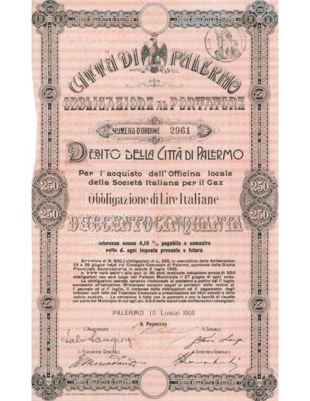 CITTA' DI PALERMO - 1 OBBLIGAZIONE AL PORTATORE - 1906