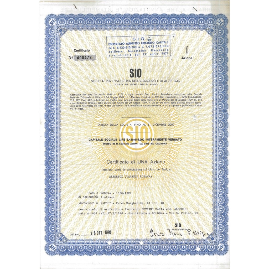 SIO - SOC. PER L'INDUSTRIA DELL'OSSIGENO E DI ALTRI GAS - 1 AZIONE MILANO 1978