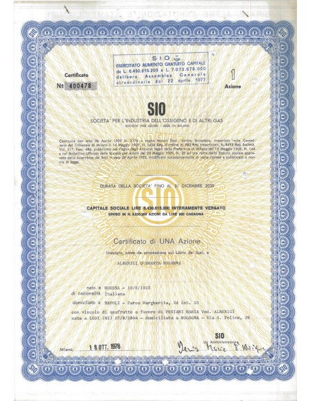 SIO - SOC. PER L'INDUSTRIA DELL'OSSIGENO E DI ALTRI GAS - 1 AZIONE MILANO 1978