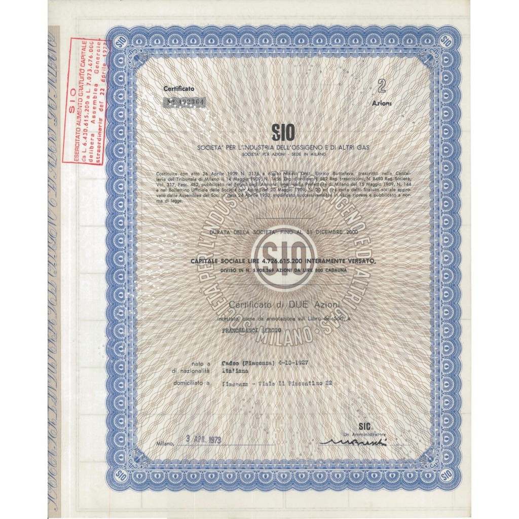SIO - SOC. PER L'INDUSTRIA DELL'OSSIGENO E DI ALTRI GAS - 2 AZIONI MILANO 1973