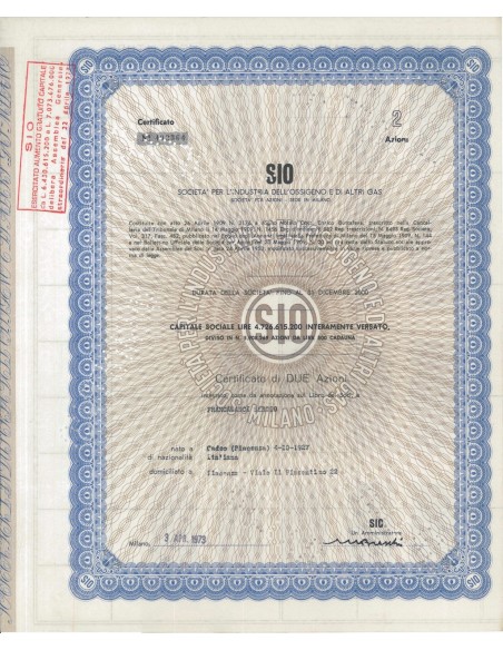 SIO - SOC. PER L'INDUSTRIA DELL'OSSIGENO E DI ALTRI GAS - 2 AZIONI MILANO 1973