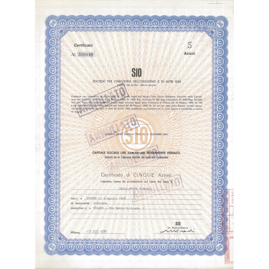 SIO - SOC. PER L'INDUSTRIA DELL'OSSIGENO E DI ALTRI GAS - 5 AZIONI MILANO 1973