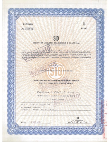 SIO - SOC. PER L'INDUSTRIA DELL'OSSIGENO E DI ALTRI GAS - 5 AZIONI MILANO 1973
