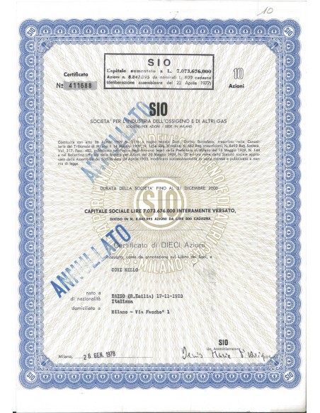 SIO - SOC. PER L'INDUSTRIA DELL'OSSIGENO E DI ALTRI GAS - 10 AZIONI MILANO 1978