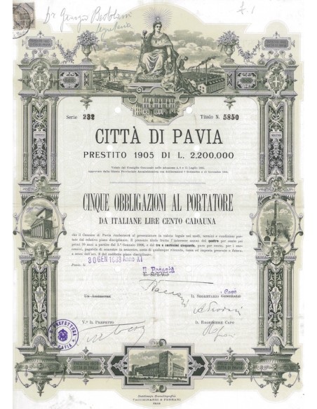 CITTA' DI PAVIA 5 OBBLIGAZIONI PAVIA 1933