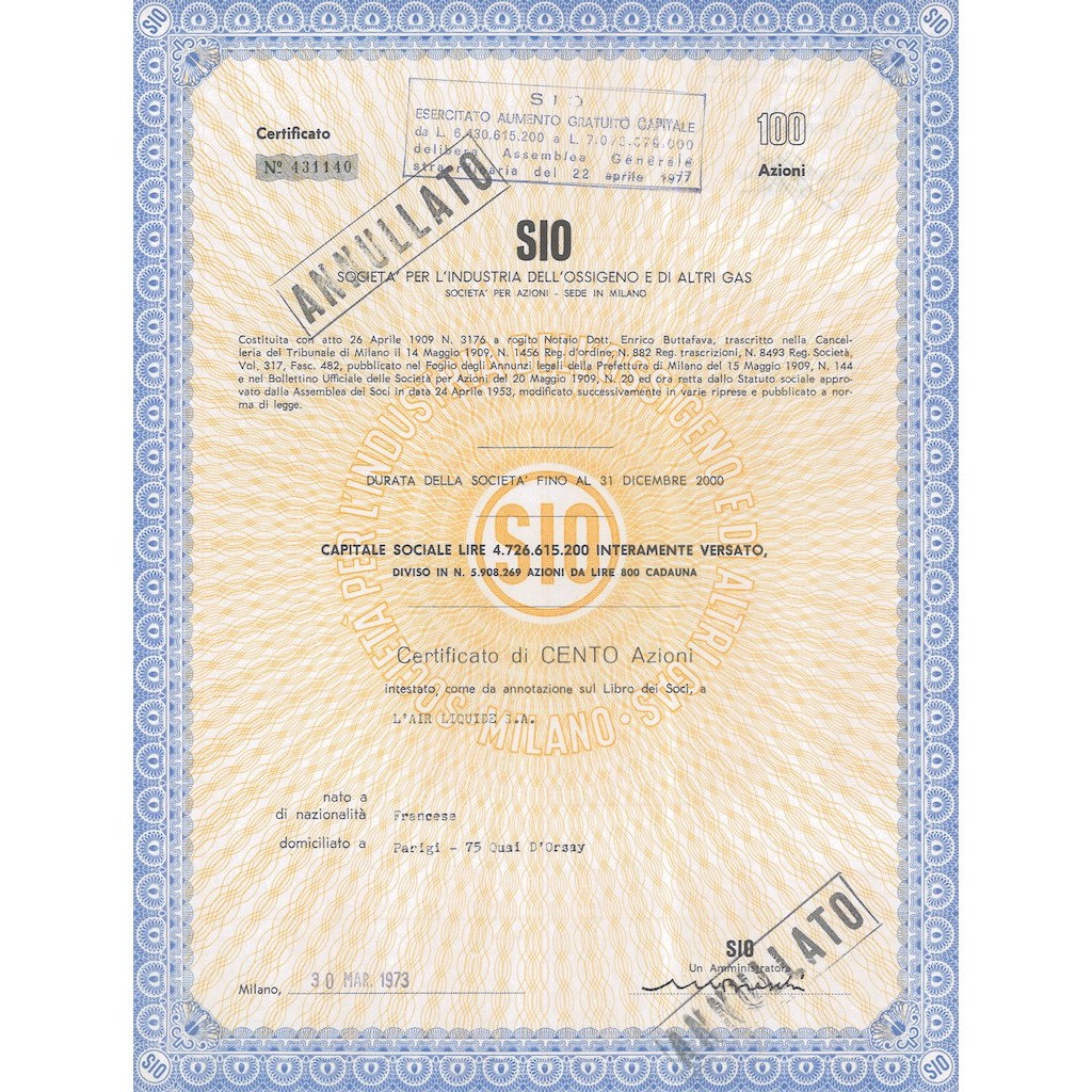 SIO - SOC. PER L'INDUSTRIA DELL'OSSIGENO E DI ALTRI GAS - 100 AZIONI MILANO 1973