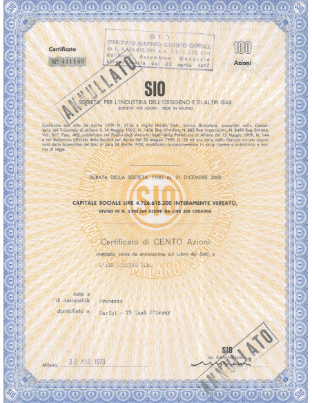 SIO - SOC. PER L'INDUSTRIA DELL'OSSIGENO E DI ALTRI GAS - 100 AZIONI MILANO 1973