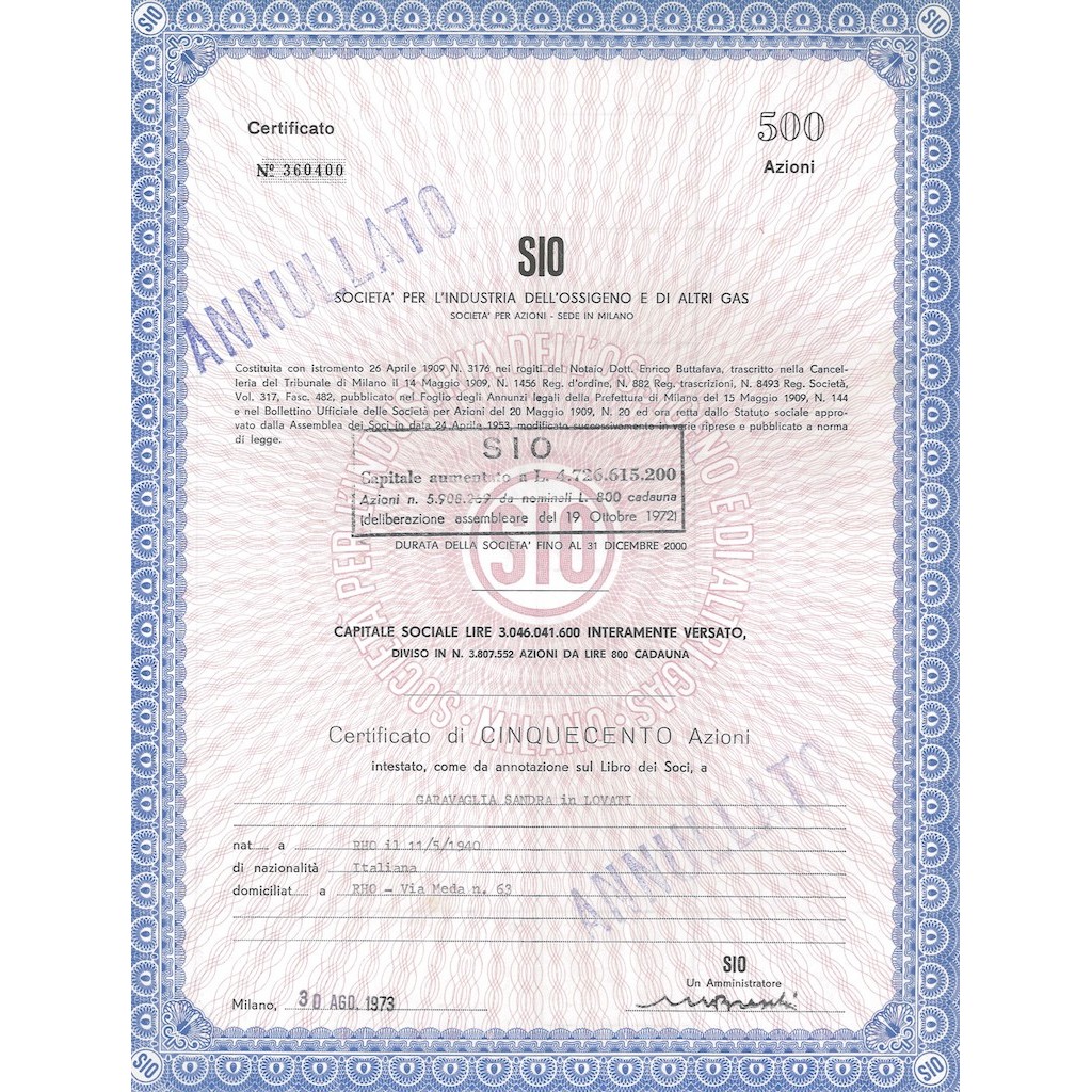 SIO - SOC. PER L'INDUSTRIA DELL'OSSIGENO E DI ALTRI GAS - 500 AZIONI MILANO 1973