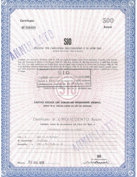 SIO - SOC. PER L'INDUSTRIA DELL'OSSIGENO E DI ALTRI GAS - 500 AZIONI MILANO 1973