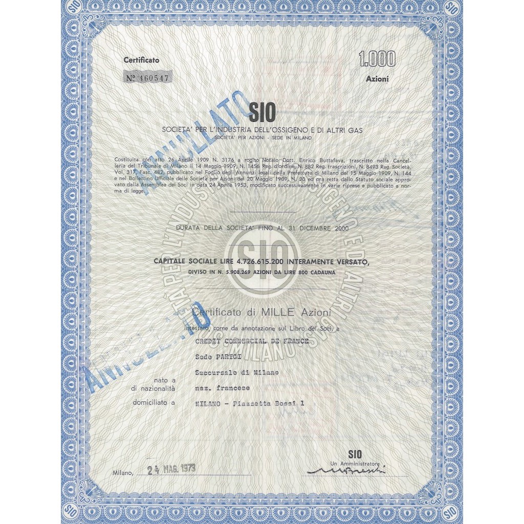 SIO - SOC. PER L'INDUSTRIA DELL'OSSIGENO E DI ALTRI GAS - 1000 AZIONI MILANO 1973