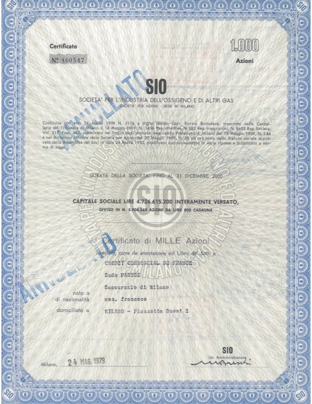 SIO - SOC. PER L'INDUSTRIA DELL'OSSIGENO E DI ALTRI GAS - 1000 AZIONI MILANO 1973