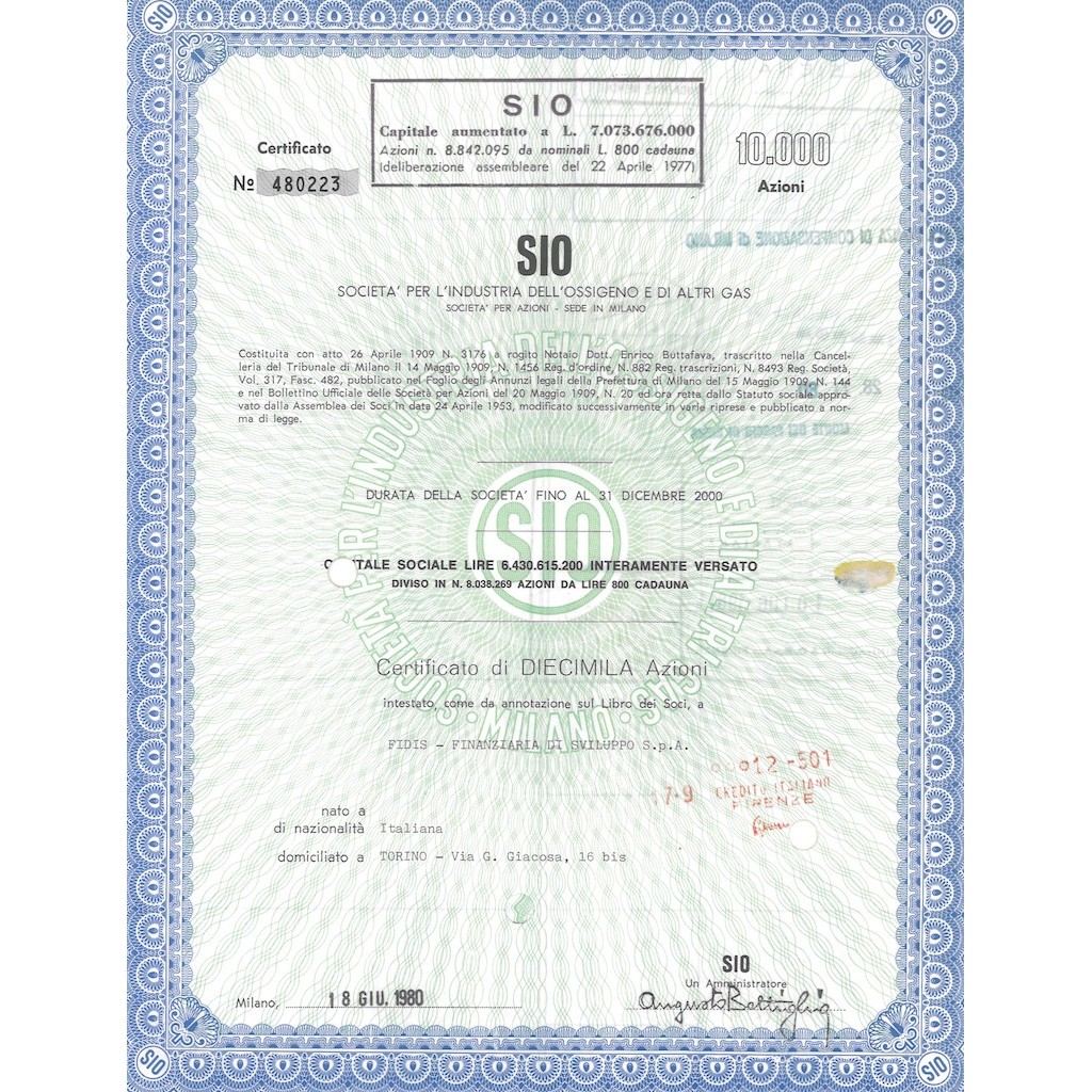 SIO - SOC. PER L'INDUSTRIA DELL'OSSIGENO E DI ALTRI GAS - 10000 AZIONI MILANO 1980