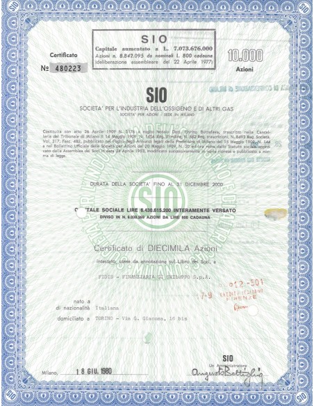 SIO - SOC. PER L'INDUSTRIA DELL'OSSIGENO E DI ALTRI GAS - 10000 AZIONI MILANO 1980