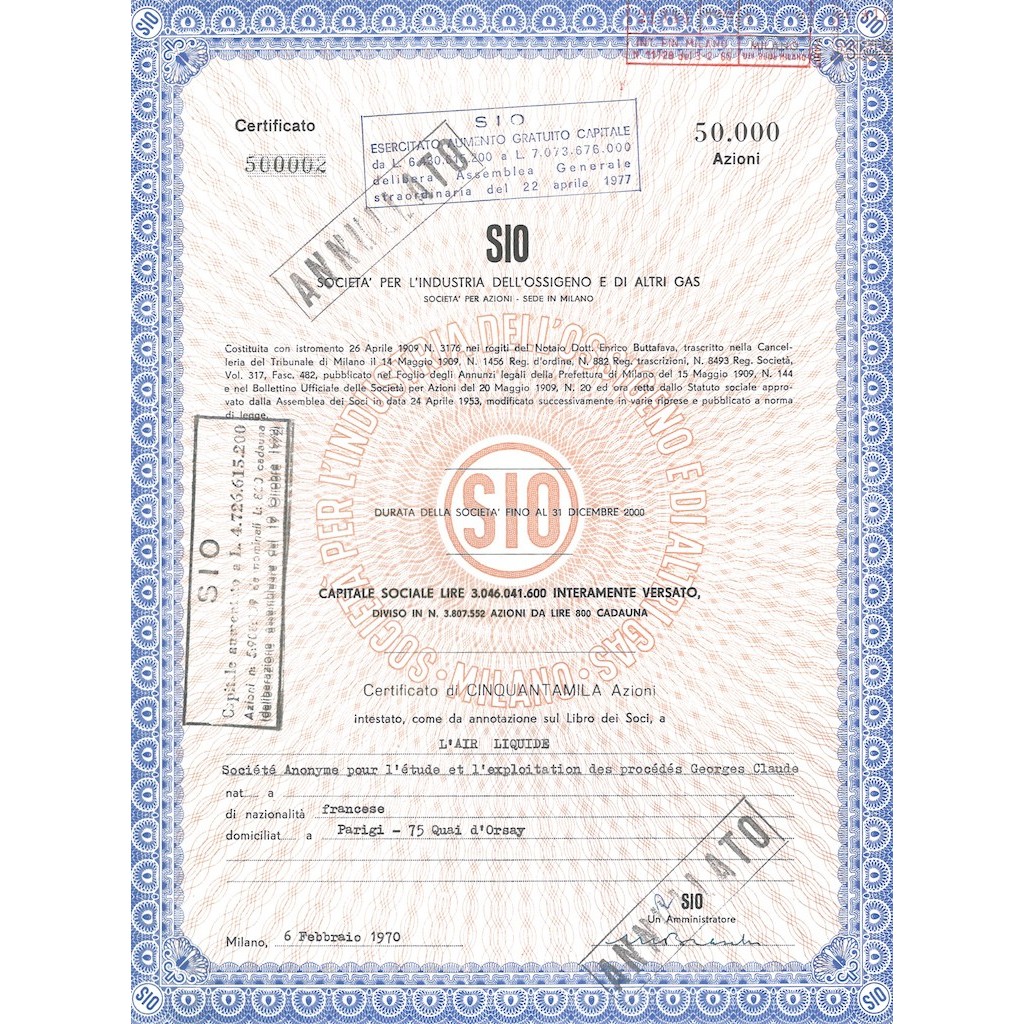 SIO - SOC. PER L'INDUSTRIA DELL'OSSIGENO E DI ALTRI GAS - 50000 AZIONI MILANO 1980