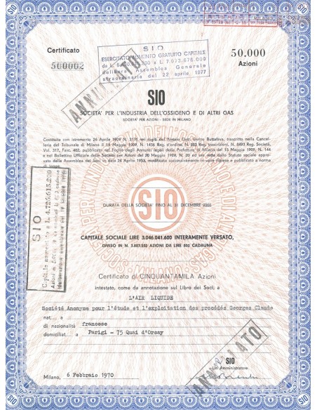 SIO - SOC. PER L'INDUSTRIA DELL'OSSIGENO E DI ALTRI GAS - 50000 AZIONI MILANO 1980
