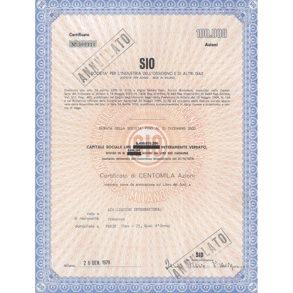 SIO - SOC. PER L'INDUSTRIA DELL'OSSIGENO E DI ALTRI GAS - 100000 AZIONI MILANO 1980