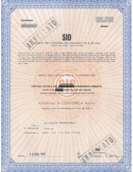 SIO - SOC. PER L'INDUSTRIA DELL'OSSIGENO E DI ALTRI GAS - 100000 AZIONI MILANO 1980