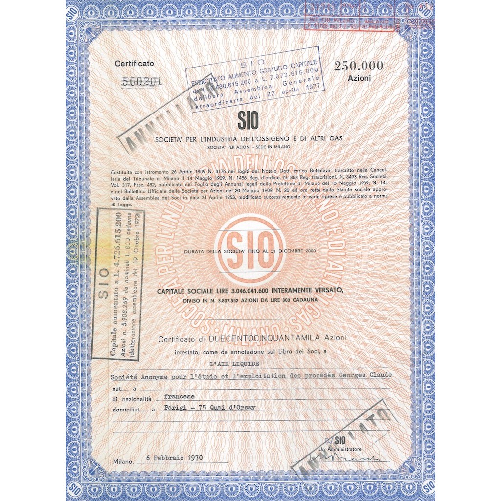 SIO - SOC. PER L'INDUSTRIA DELL'OSSIGENO E DI ALTRI GAS - 250000 AZIONI MILANO 1970