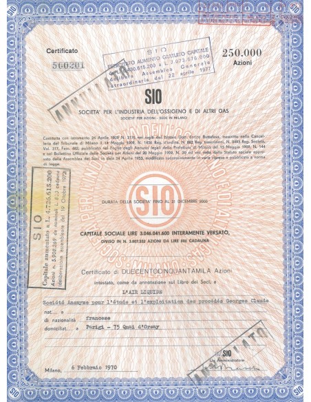 SIO - SOC. PER L'INDUSTRIA DELL'OSSIGENO E DI ALTRI GAS - 250000 AZIONI MILANO 1970