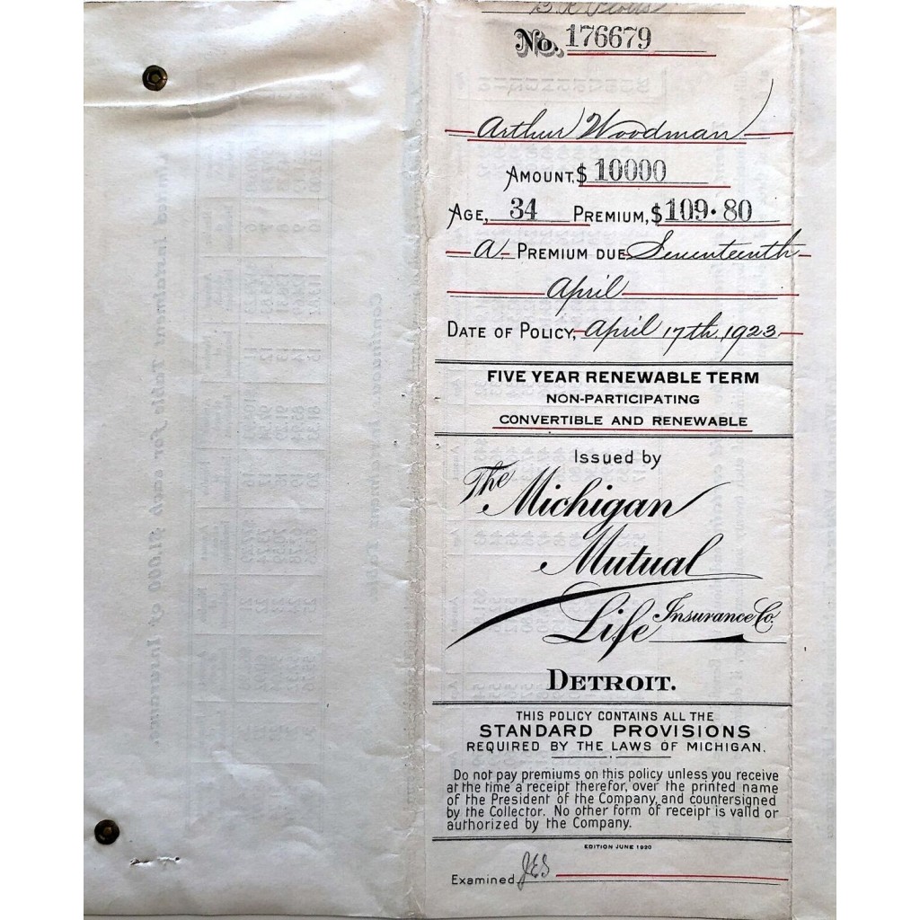 1923 - THE MICHIGAN MUTUAL LIFE INSURANCE COMPANY