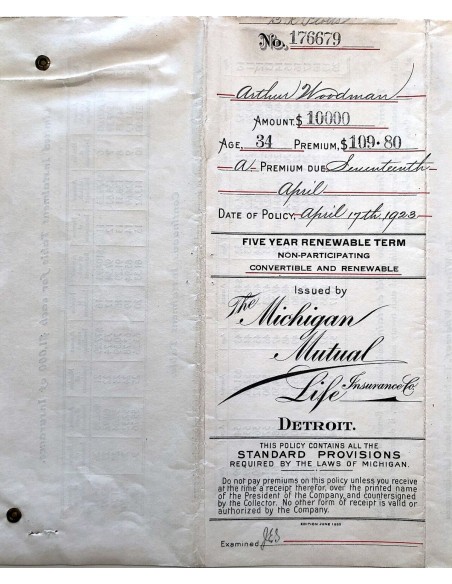1923 - THE MICHIGAN MUTUAL LIFE INSURANCE COMPANY