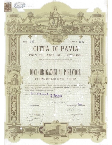CITTA' DI PAVIA 10 OBBLIGAZIONI PAVIA 1930