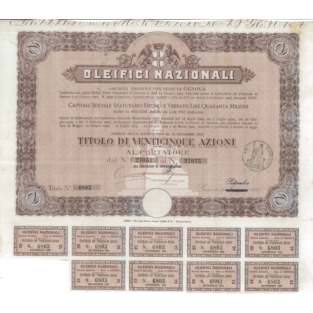 OLEIFICI NAZIONALI - 25 AZIONI - GENOVA 1925