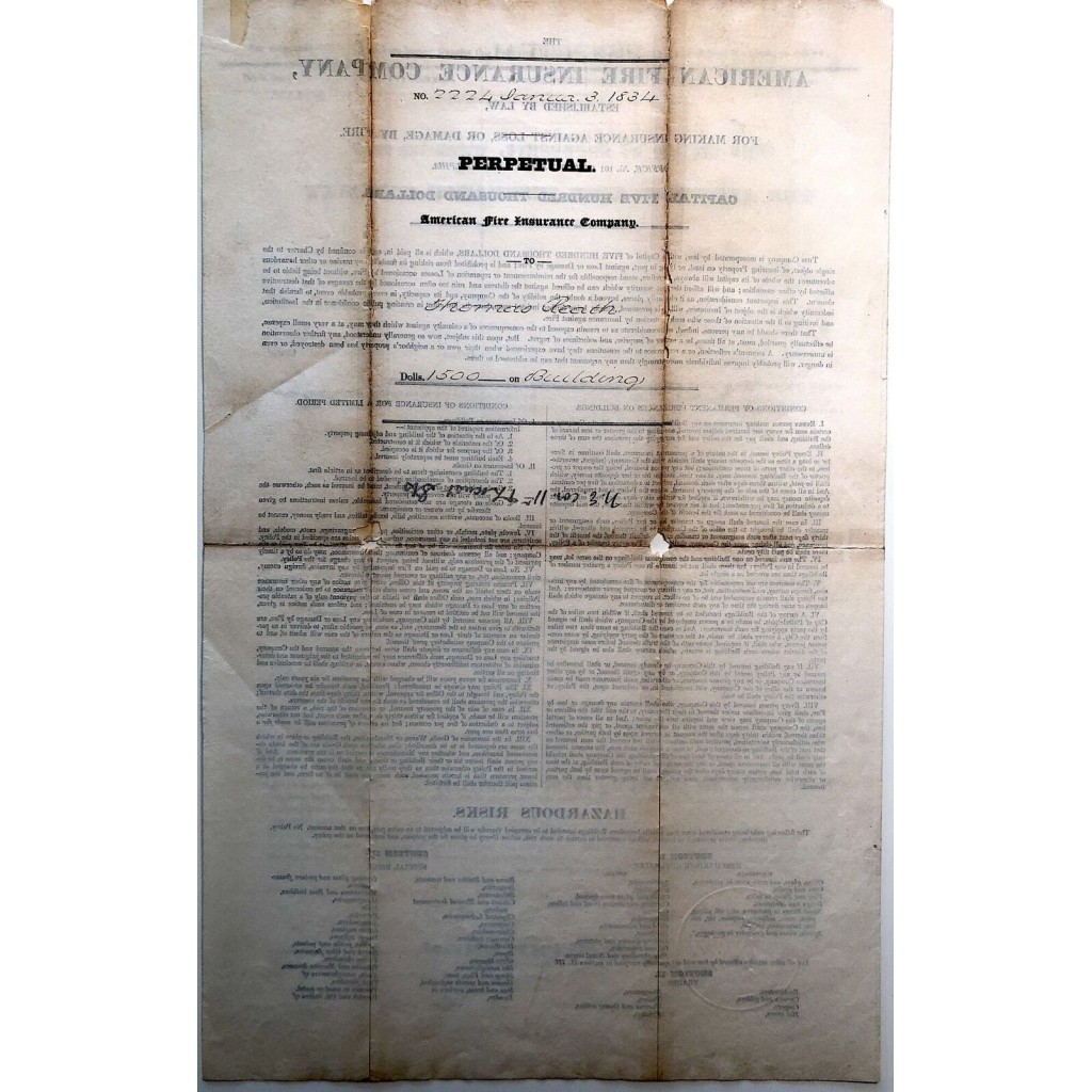 1834 - PERPETUAL - THE AMERICAN FIRE INSURANCE...