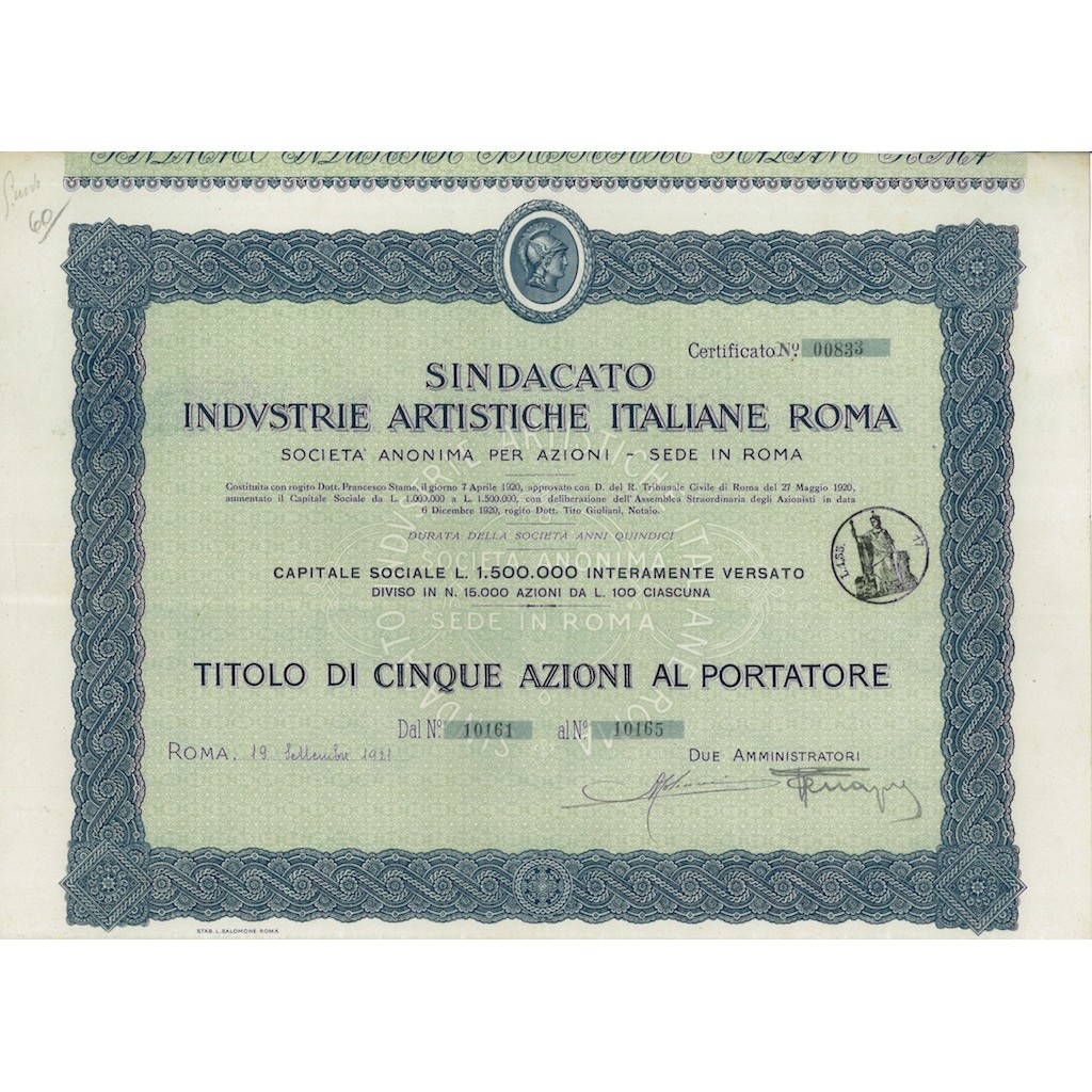 SINDACATO INDUSTRIE ARTISTICHE ITALIANE ROMA - 5 AZIONI