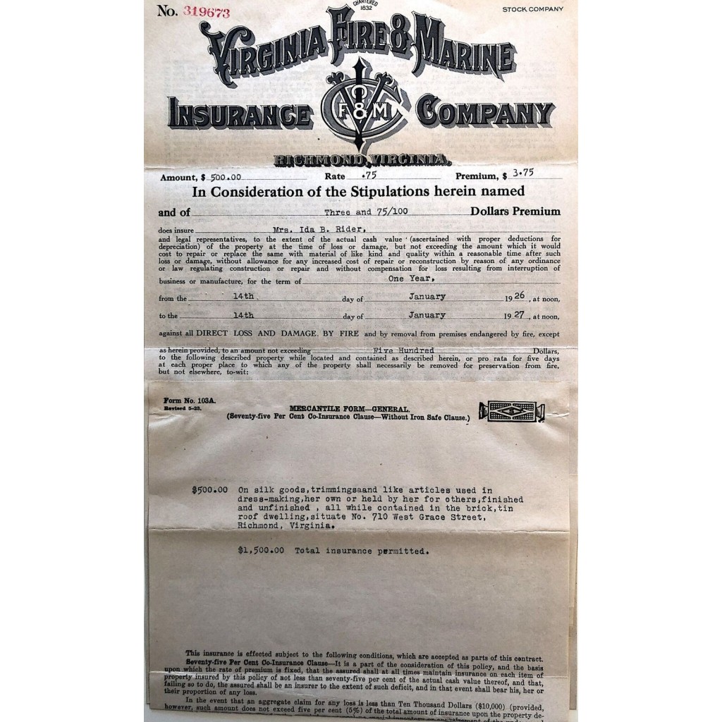 1927 - VIRGINIA FIRE E MARINE INSURANCE COMPANY