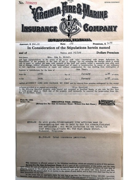 1927 - VIRGINIA FIRE E MARINE INSURANCE COMPANY