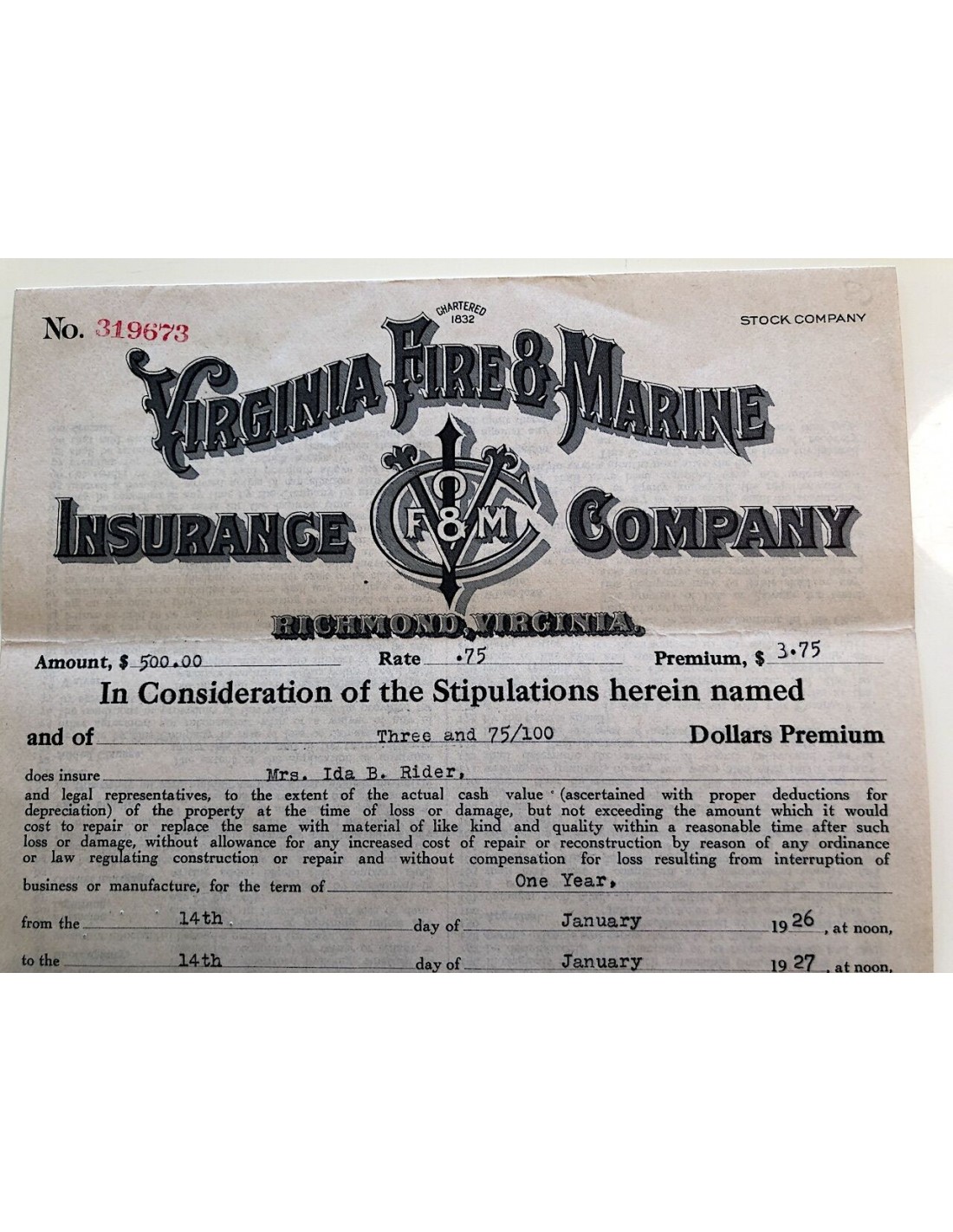 1927 - VIRGINIA FIRE E MARINE INSURANCE COMPANY