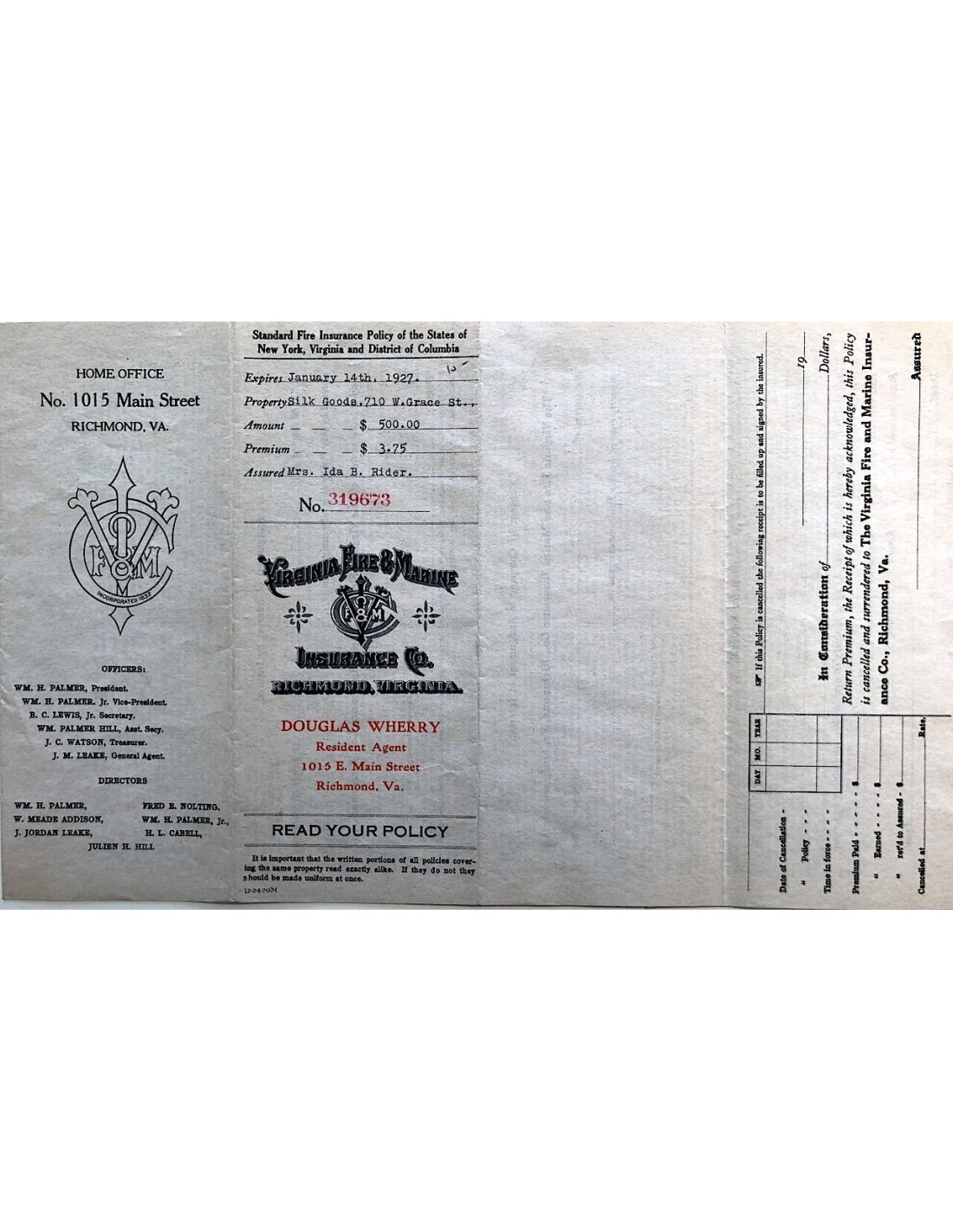 1927 - VIRGINIA FIRE E MARINE INSURANCE COMPANY